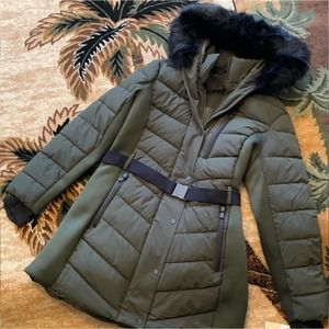 MICHAEL Kors steel Green and black Faux fur hooded‎ puffer coat plus size 2X New